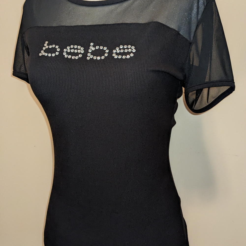 NWT Bebe MED Stretchy Black Mesh Rhinestone Top Y2K